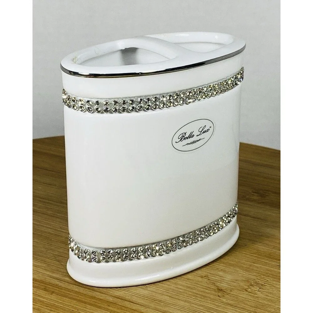 Bella Lux White Ceramic Toothbrush Holder, Silver Rhinestone Bands, Glossy Glam